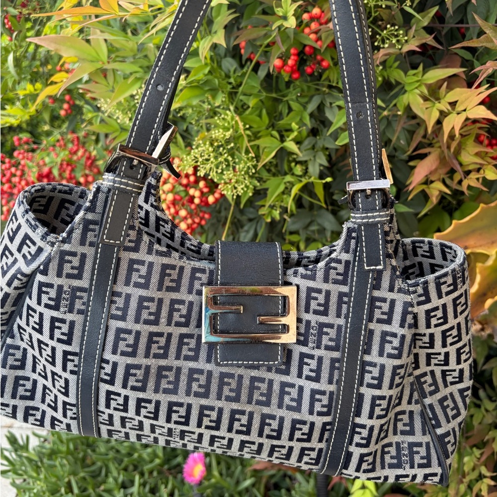 Fendi Monogram Canvas Hobo in Black and Cream